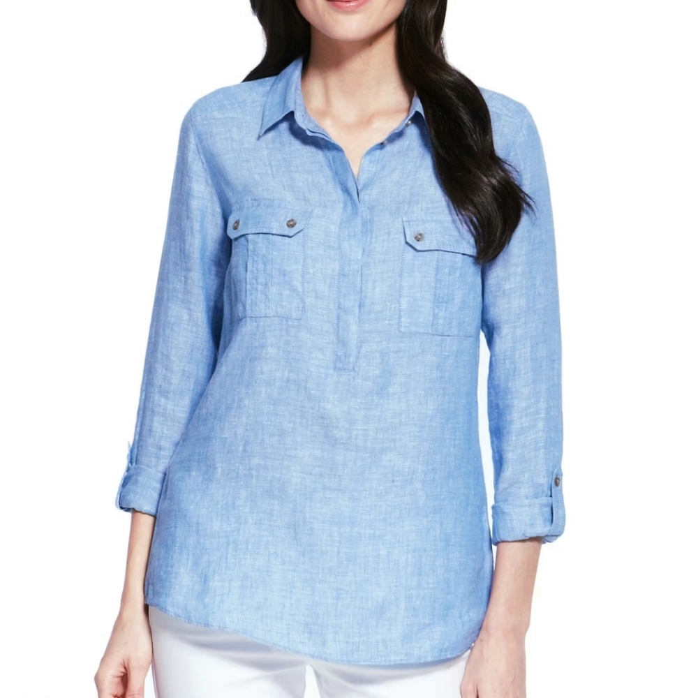 PURE LINEN Half Button Down Roll Tab Long Sleeve Shirt Quarter Sleeve Denim Blue